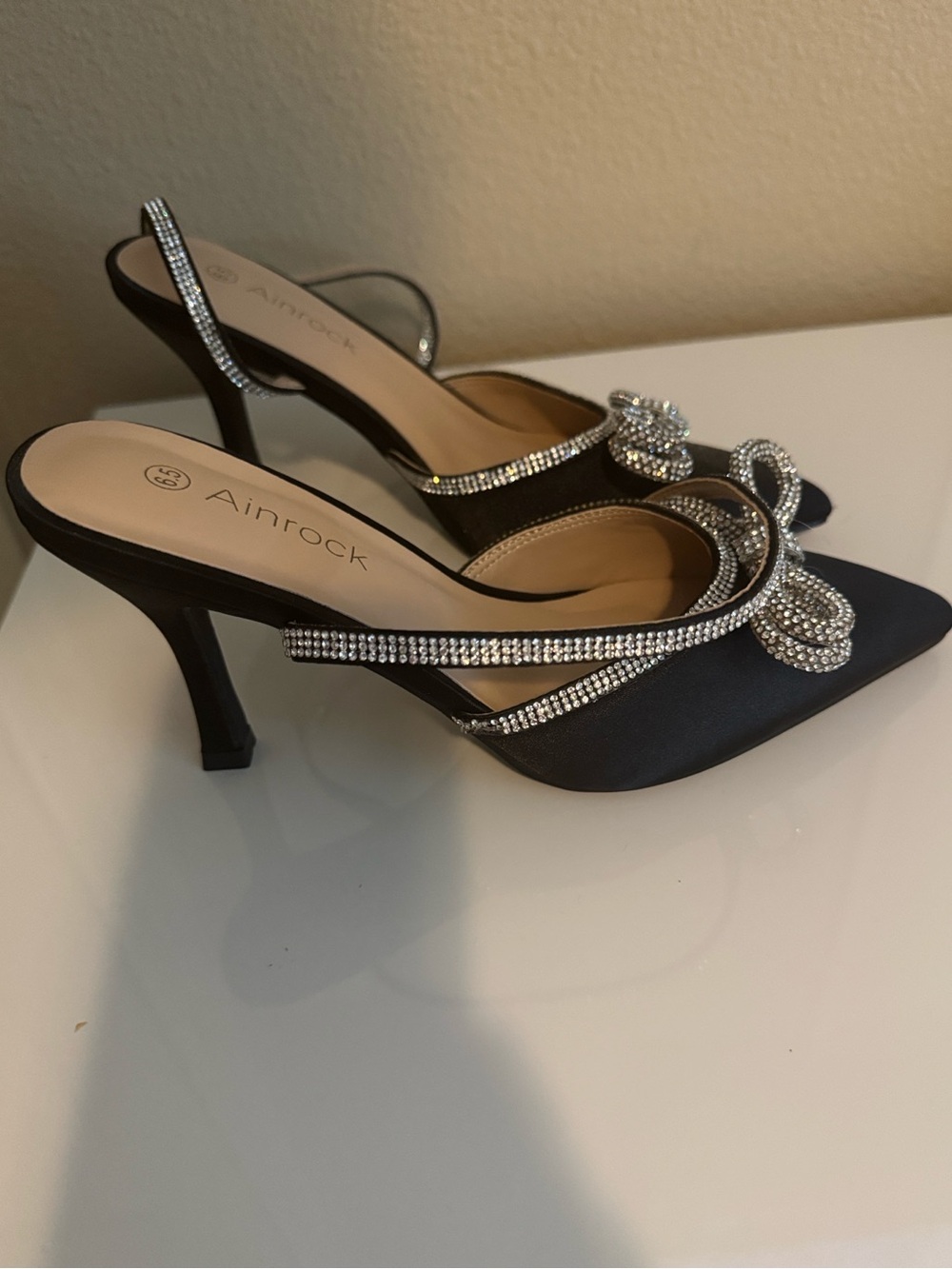 Amazon Black Satin Crystal Bow Slingback Heels